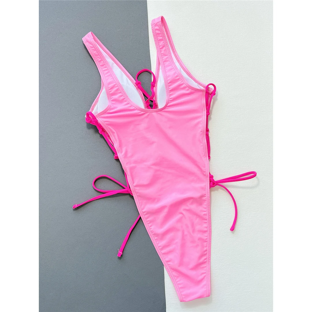 Badeanzug für Damen mit tiefem V-Ausschnitt, Schnürung und hohem Beinausschnitt, einteiliger Badeanzug, Wickel-Monokini, Badebekleidung, Badeanzug V4719 – Detail 10
