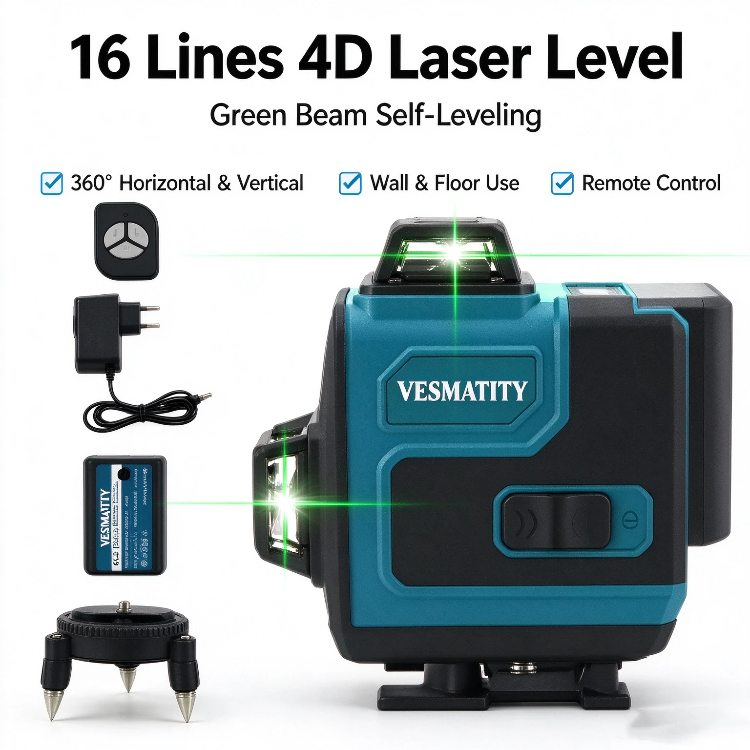4D 16 Lines Green Laser Level, 360° Horizontal Vertical Cross Line, Wall & Floor Measuring Tool for Construction Tile Work