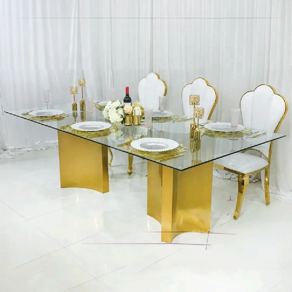 

luxury wedding supplies stainless steel rectangle gold metal furnitures tables de crmonie mariage glass table with chairs