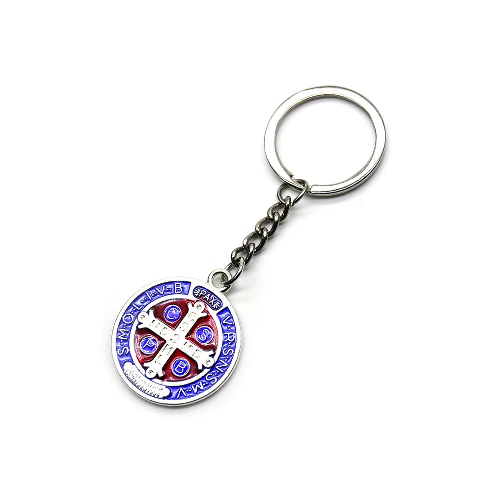 Blue Enamel Metal Saint Benedict Pendant Key Chain Religious Jewelry Key Ring