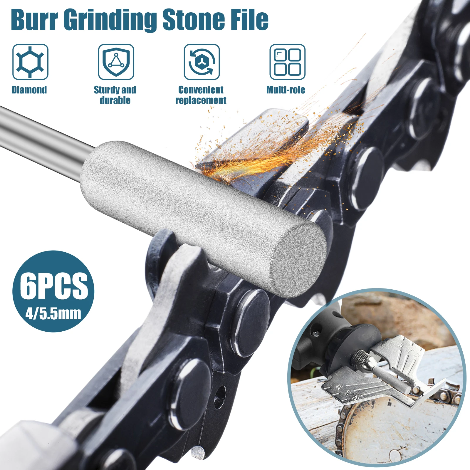 

6Pcs Diamond Chainsaw Sharpener Burr Bits 7/32 Inch 5.5mm Cylinder Grinding Head 1/8" 3mm Shank Rotary Sharpener File Stones