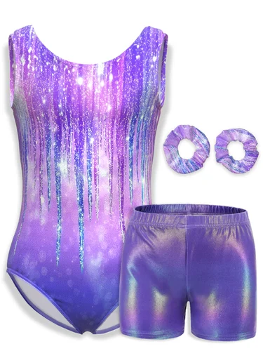 Leotardo de gimnasia para niñas, ropa deportiva con gradiente brillante, mono de baile de 4 piezas para niños, trajes atléticos con pantalones cortos