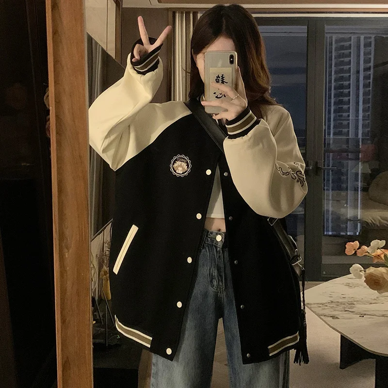 

Baseball Jackets Light Blue Womens Spring Summer Pockets College Plush Decorated Boyfriend Chiffon Polyester Striped Insulated