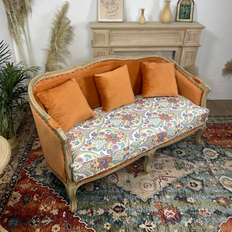 

#Vintage 2-Seater French Sofa Carved Wood Frame Orange VelvetFabric Floral Print Cushions Retro Living Room Furniture Home Decor