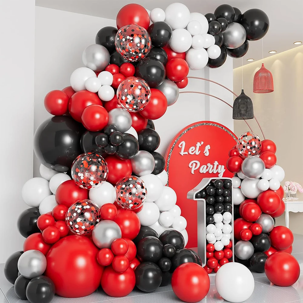 Rote schwarze Luftballons, Girlandenbogen-Set, rotes metallisches Silber, Konfetti-Ballon, Hochzeit, Geburtstag, Neujahr, Abschlussfeier, Dekoration