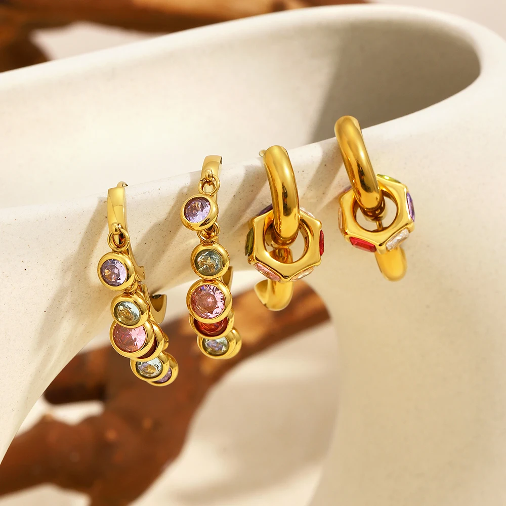 MamacitaSlay 316L الفولاذ المقاوم للصدأ متعدد الألوان الزركون هوب أقراط 18K مطلية بالذهب مجوهرات مقاومة للماء المرأة أقراط فريدة من نوعها #3