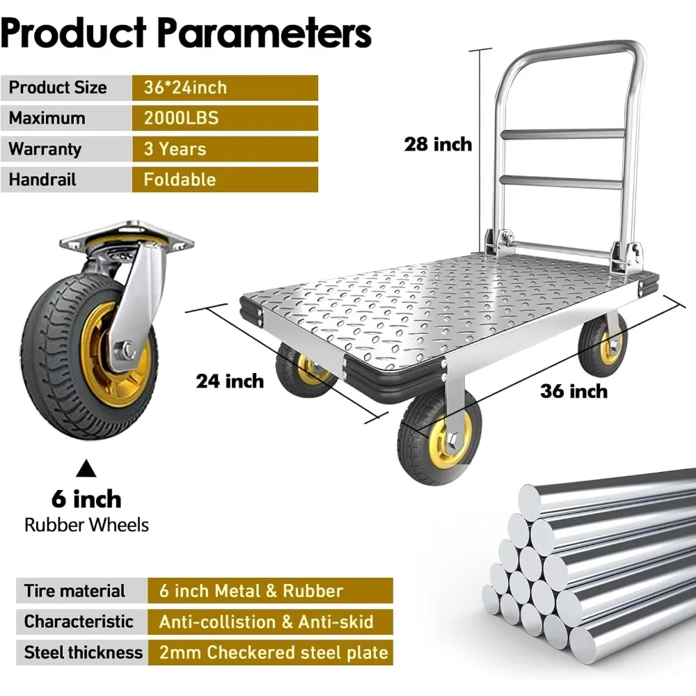 عربة دفع شديدة التحمل مع سعة 2000 رطل، عربة مسطحة متحركة قابلة للطي مع عجلات دوارة مقاس 6 بوصات من الفولاذ الكبير