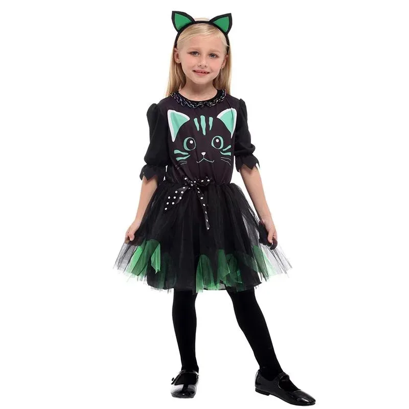 Halloween crianças desempenho traje carnaval gato preto personagem desempenho roupas brincalhão meninas e meninas