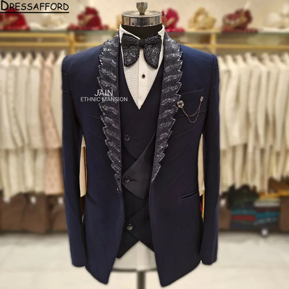 Abiti da uomo blu Navy moda 2 pezzi set blazer da ballo dello sposo decorazione con perline di cristallo smoking da uomo