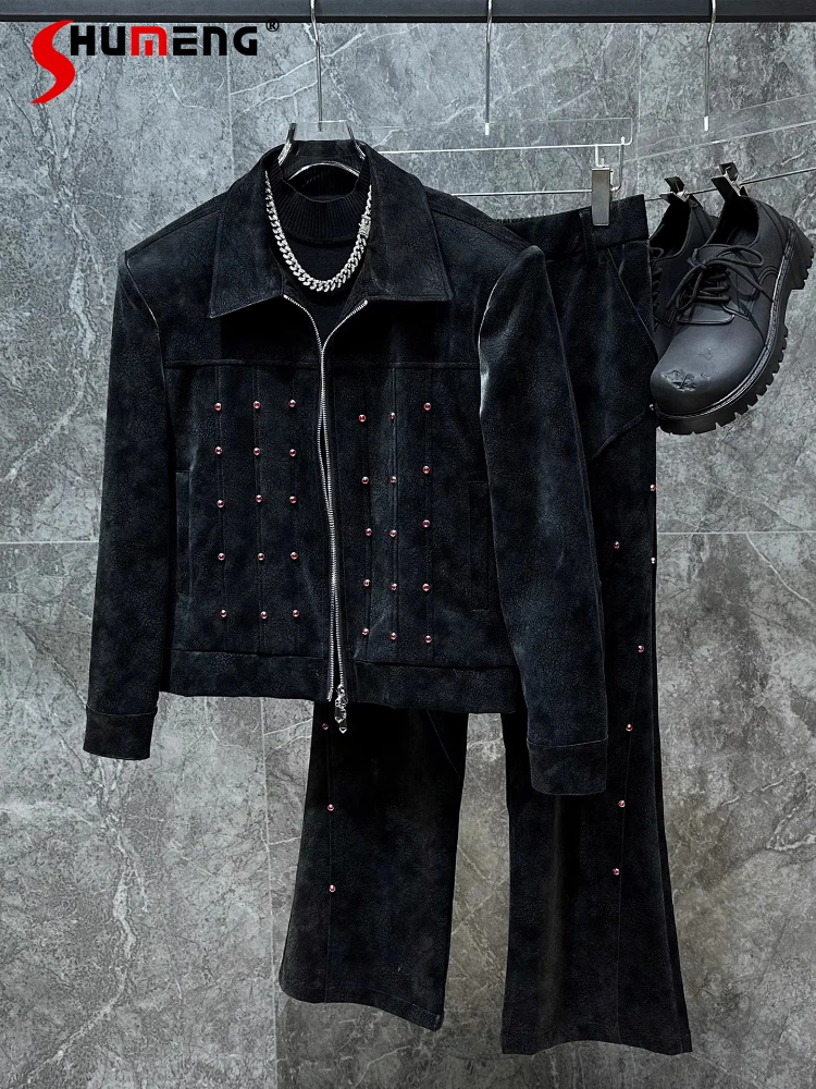 

Men's 2025 Autumn Winter New Trendy Sets Gem Zipper Lapel Long Sleeve PU Leather Jackets Pants Two-Piece Sets Male Handsome 2pcs