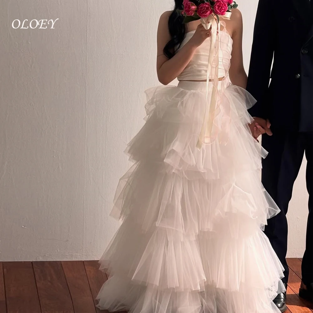 OLOEY Nuovo Elegante Tulle A File 2 PZ Corea Abiti Da Sposa Senza Maniche Servizio Fotografico Piano Lunghezza Corsetto Abiti Da Sposa Personalizzato 2025
