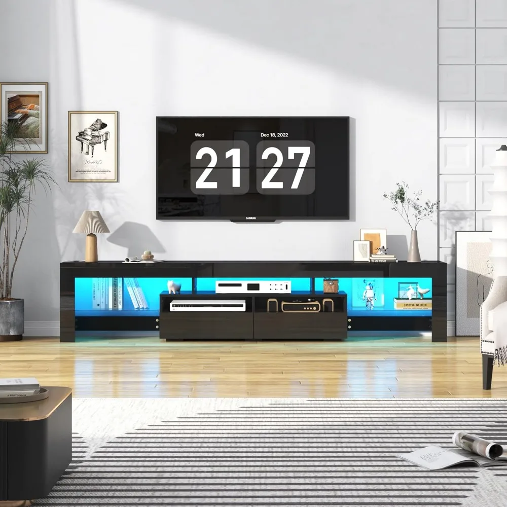 Meuble TV moderne pour téléviseurs de 85 à 95 pouces – Centre de divertissement noir brillant pour le salon