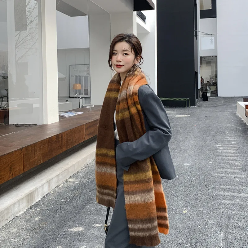 Scarf Colorful Plaid Rainbow Faux Cashmere Mohair Alpaca Tassel Warm Soft Lightweight Winter Fall Women High Quality