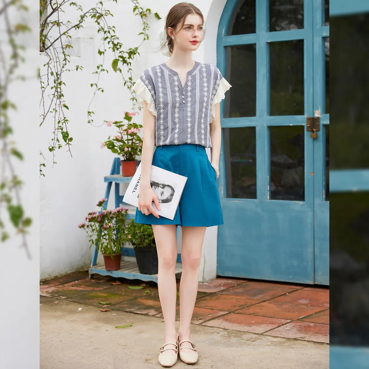 LOUIS YAO Retro Plaid Shirt 2025 Summer Women's Shirt Elegant V-neck Cotton 100% Ruffle Sleeves Short Sleeved Woven Blouses