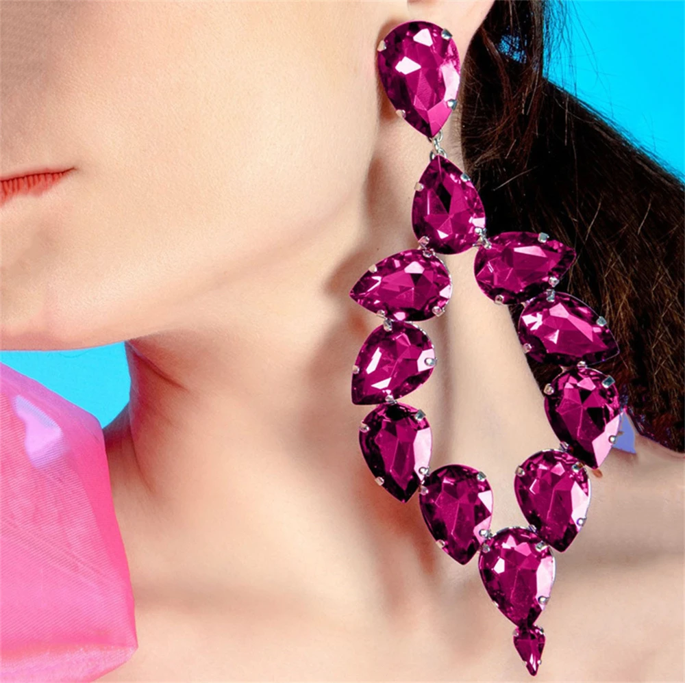 Shiny Red Big Rhinestone Earrings Jewelry Women\'s Fashion Romantic Ball Party Hollow out Crystal Earrings Jewelry Accessories