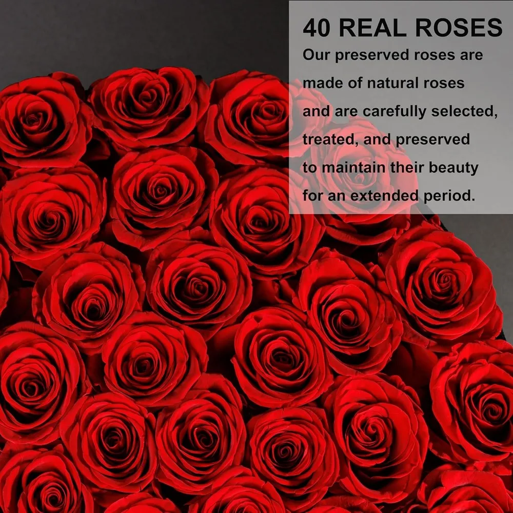 40 وردة محفوظة في صندوق من جلد الغزال، هدية زهور عيد الأم للنساء، أحمر طويل الأمد #4