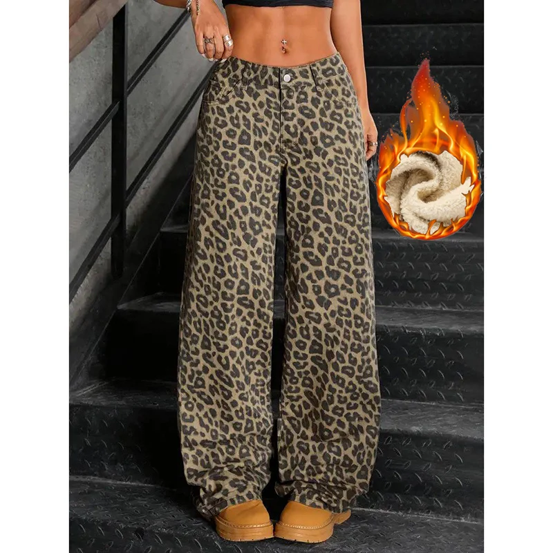 

Winter Female Plush Thermal High Waist Daily Jeans Lady Fleece Snow Warm Denim Pants Girls Leopard Print Straight Leg Trousers