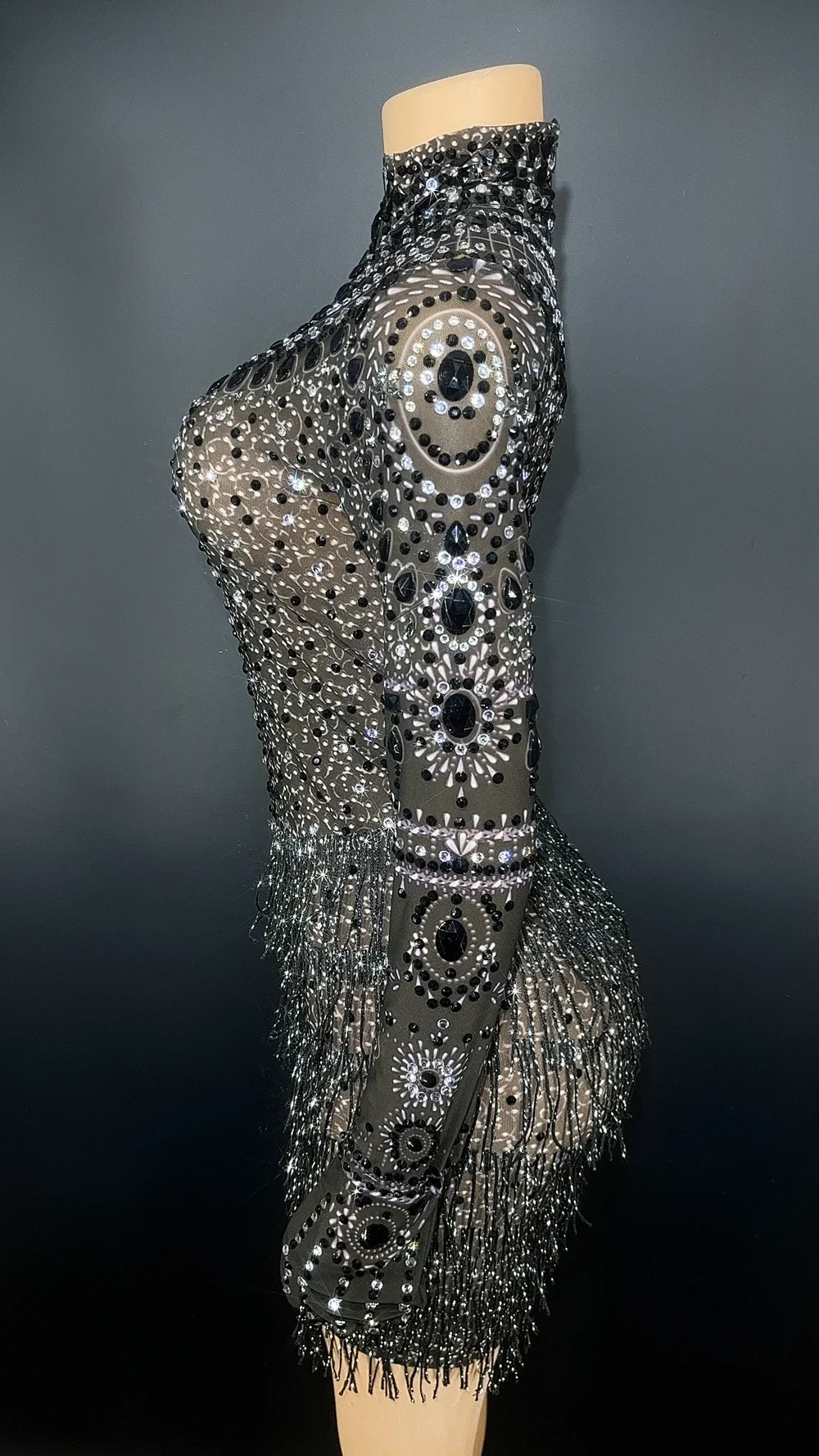 반짝 이는 라인 석 프린지 짧은 드레스 장갑 섹시한 저녁 댄스 파티 생일 드레스 축하 공연 댄스 의상 무대 착용