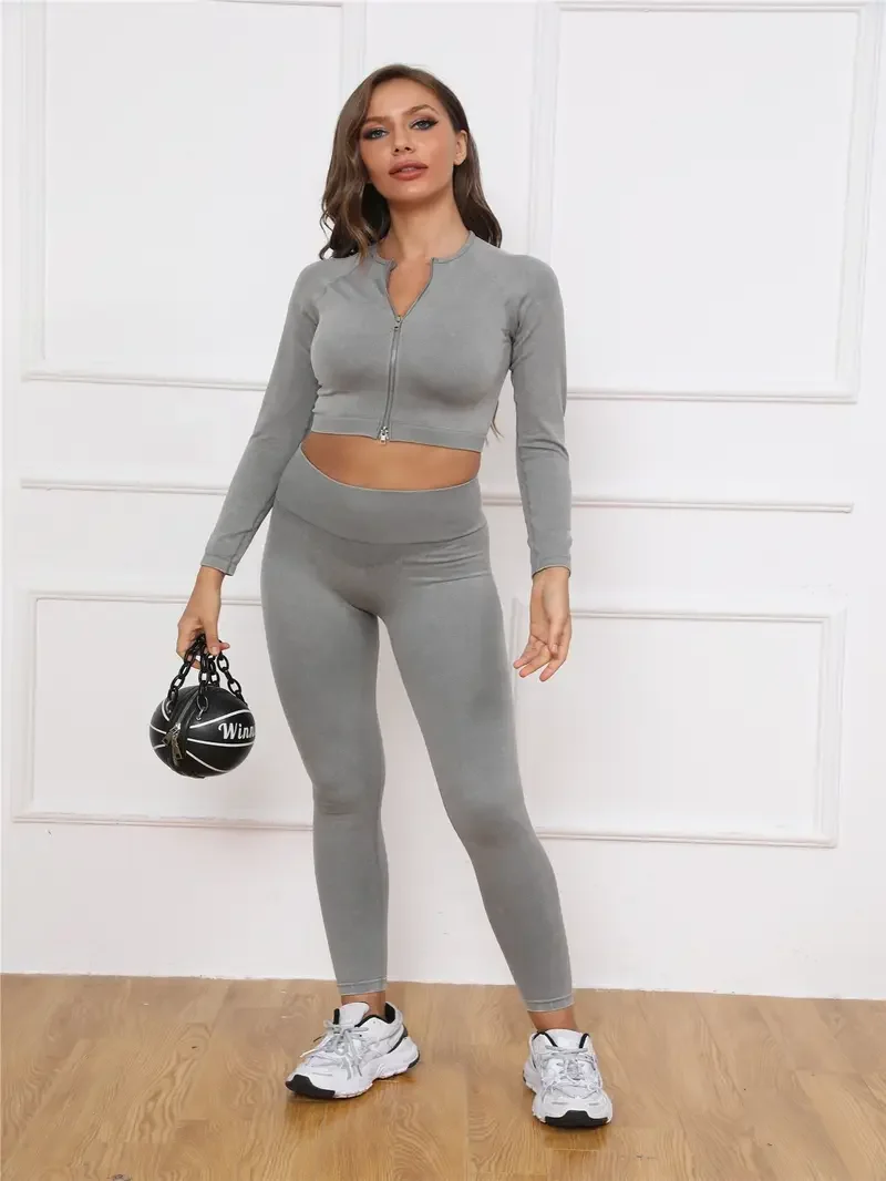 Seamless Long-sleeved Sports Set, Zipper Crop Tops &  High Waisted Leggings