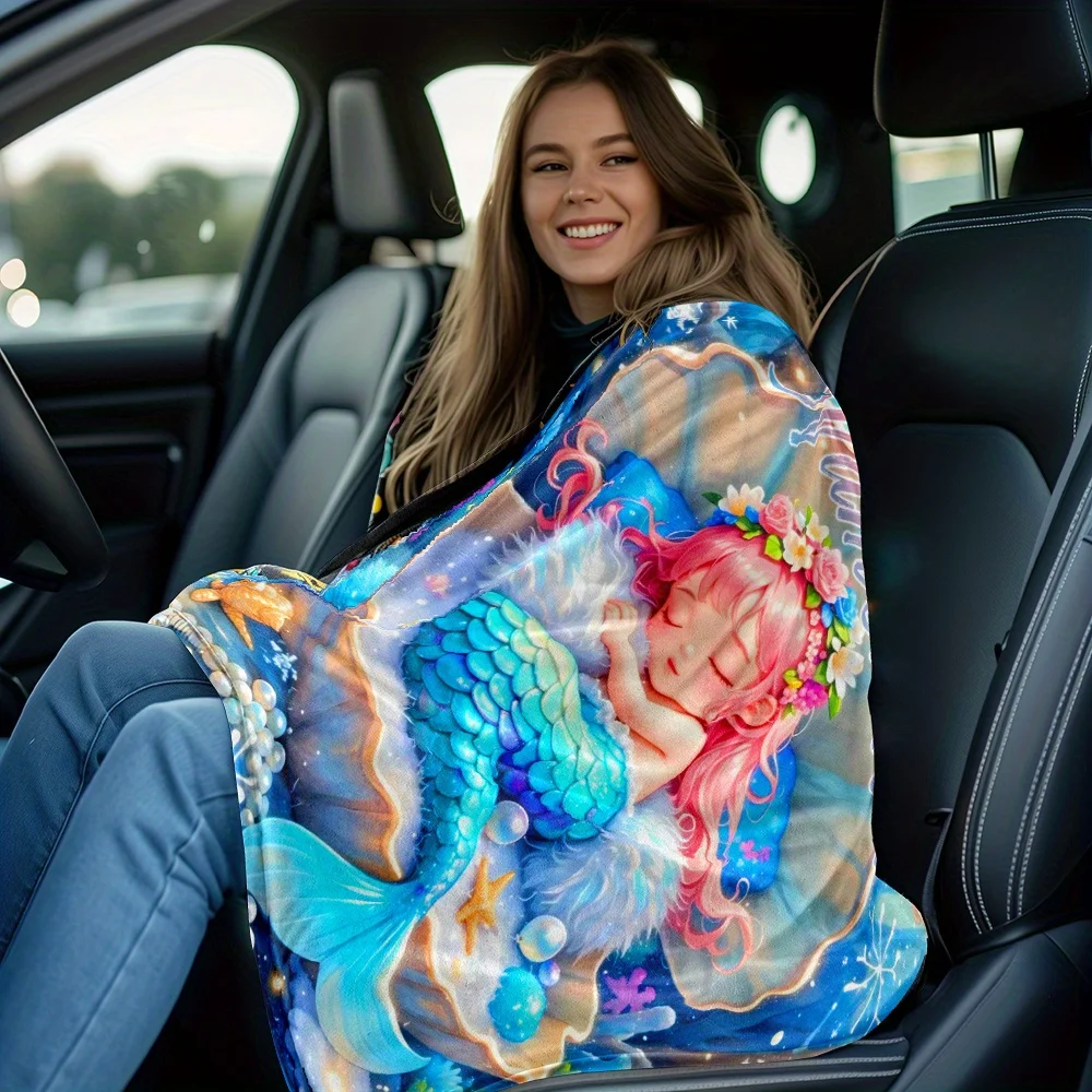 1pc Customizable Mermaid Shell Design Flannel Throw Blanket - Personalized Name Digital Print, Tear Resistant, All-Season Cozy L