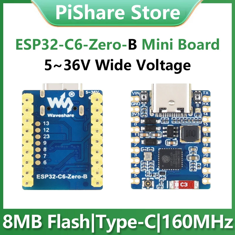 Плата разработки Waveshare ESP32-C6 Zero B Mini с широким диапазоном напряжения, поддержкой WiFi 6 и Bluetooth 5