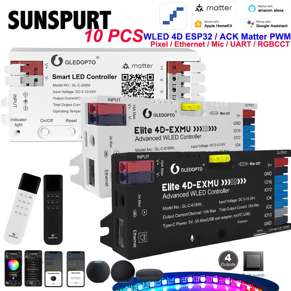 10 GLEDOPTO ESP32 WLED LED Controller GL-C-618WL with 4 Outputs Ethernet Microphone UART for SPI ACK Matter PWM RGBCCT LED Strip