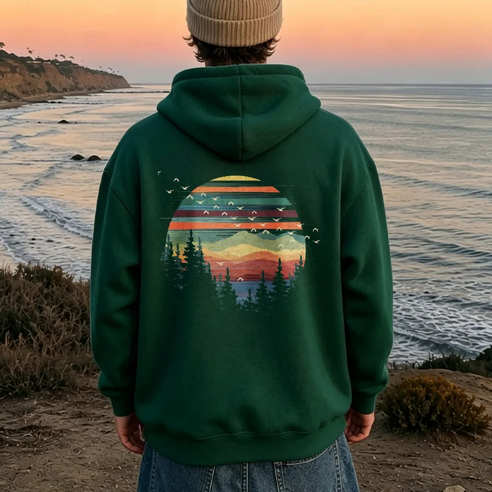 Striped Sunset Mountain Forest Birds Landscape Graphic Hoodie Front Print Pullover Sweatshirt Outdoor Camping Hiking Casual Tops