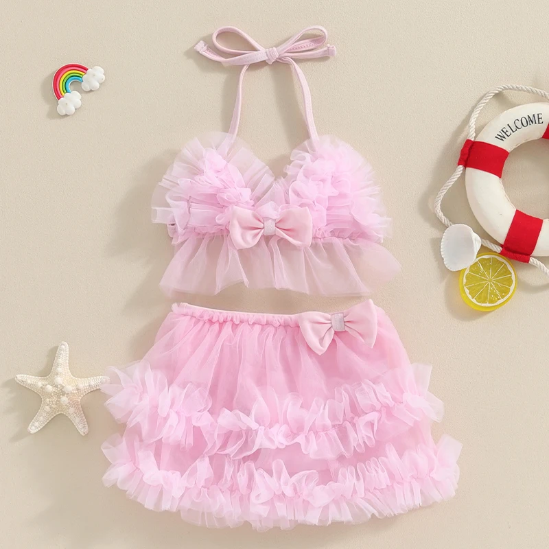 Tregren Infant Baby Girls Bikini Beach Swimwear Tulle Patchwork Swimsuit with Bow Tie-up Vest + Skirt Shorts Summer Bathing Suit