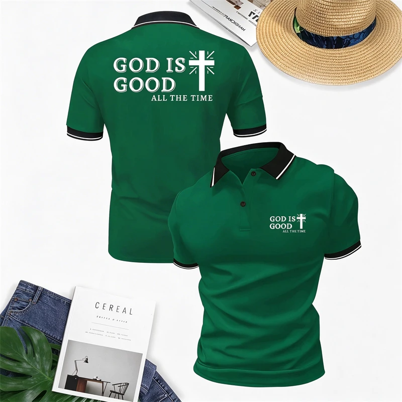 Cross Graphic Polo Top For Men With GOD IS GOOD ALL THE TIME Message On Back Small Front Letter Print Short Sleeve Streetwear