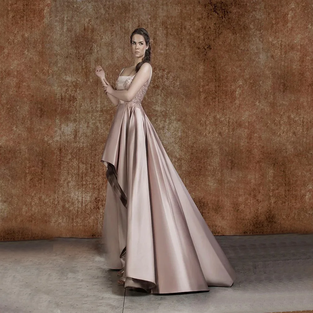 Customized Elegant Evening Dresses Satin for Floor-Length Square Collar Backless Sleeveless Prom Dress Appliques Robes De Soirée