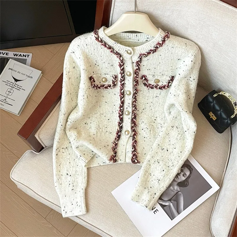 New Year Sweaters For Women 2024 Elegant Vintage Button Up O Neck Cropped Cardigan Stylish Fashion Chic Knitted Cardigans Jumper