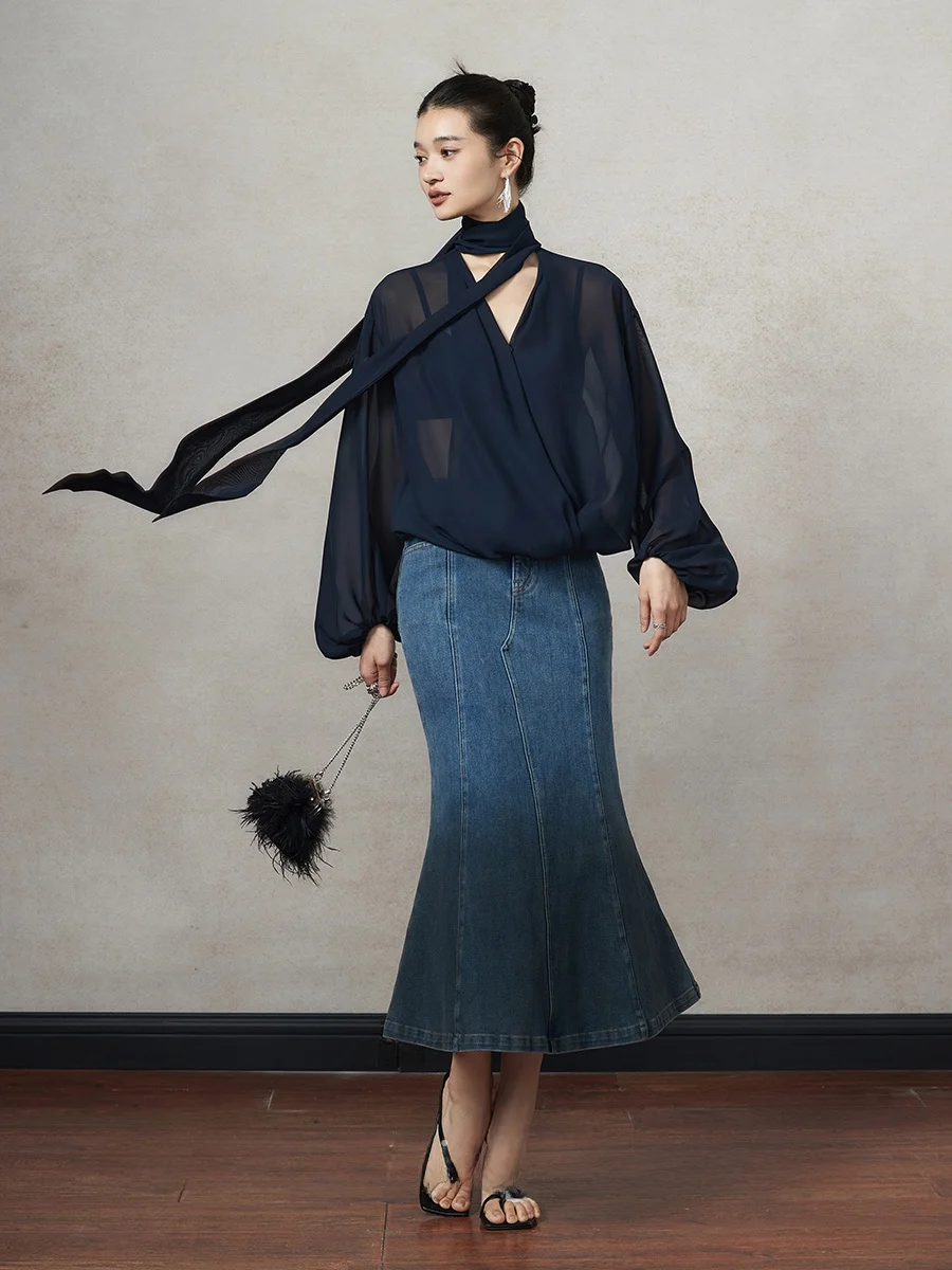 

Kiki High Waist Gradient Denim Fish Tail Skirt Slimming Summer Style Commute A-Line Midi Skirt Cotton Polyester Spandex Blend