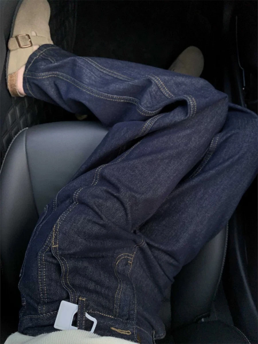 

Темно-синие джинсовые мужские прямые свободные широкие длинные брюки, американские джинсы с вышивкой, осень-весна, модная повседневная футболка...