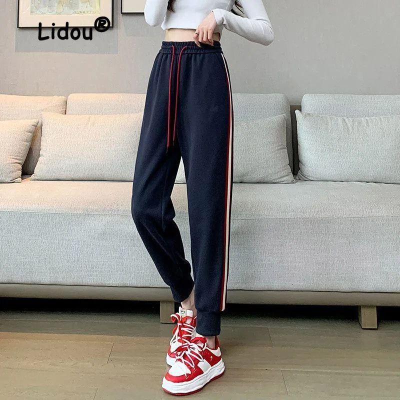 2022 New Autumn Winter Sideway Striped Sports Pants Women High-quality Korean Office Pockets All-match Comfortable Trousers