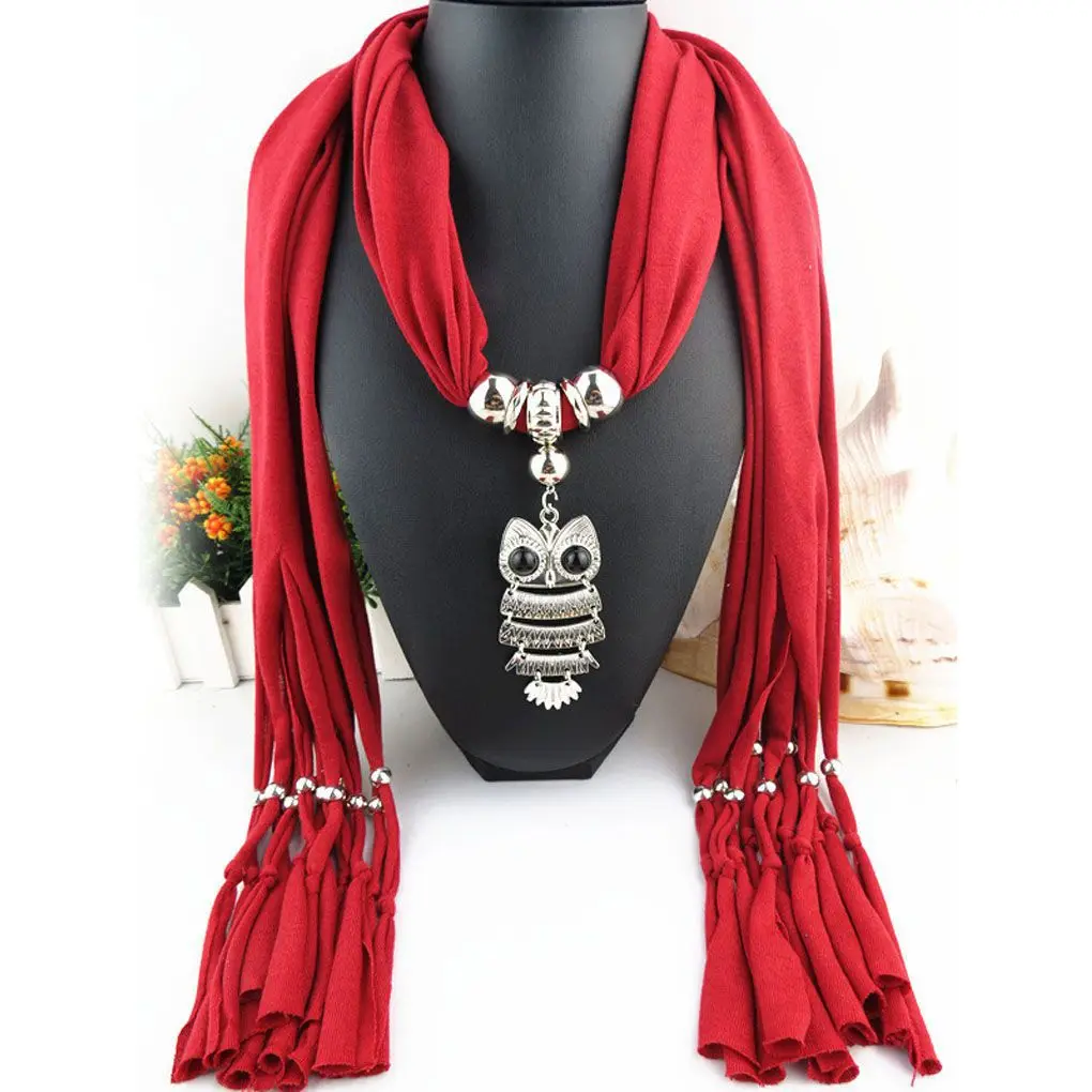 Woman\'s Classic Owl Pendant Jewelry Scarf Necklace Scarf Fringed Long Scarf