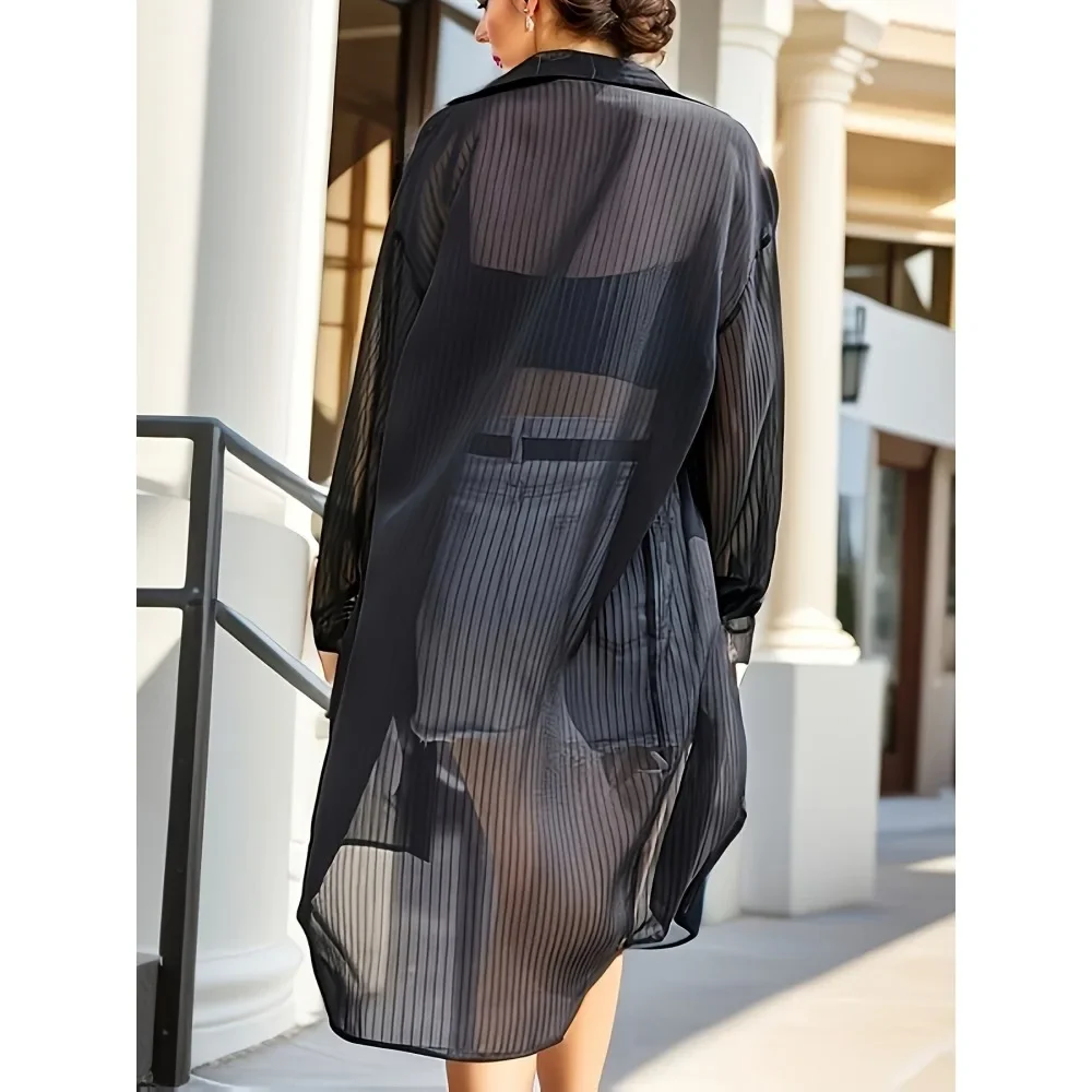 플러스 사이즈 1XL-5XL 여성의 새로운 유행하고 우아한 블랙 스트라이프 라펠 긴 소매 버튼 업 긴 소매 블라우스 셔츠