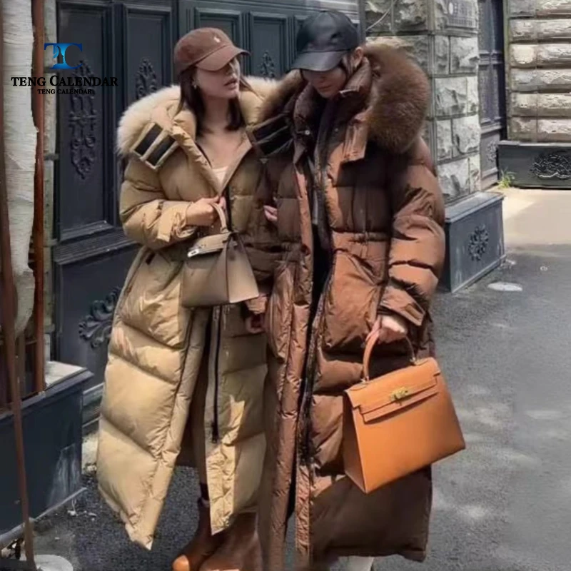 Big Fur Collar Down Jacket, Extended Knee To Ankle Thick Waist Cinched White Duck Down Jacket, Women's 2024 Winter New Style