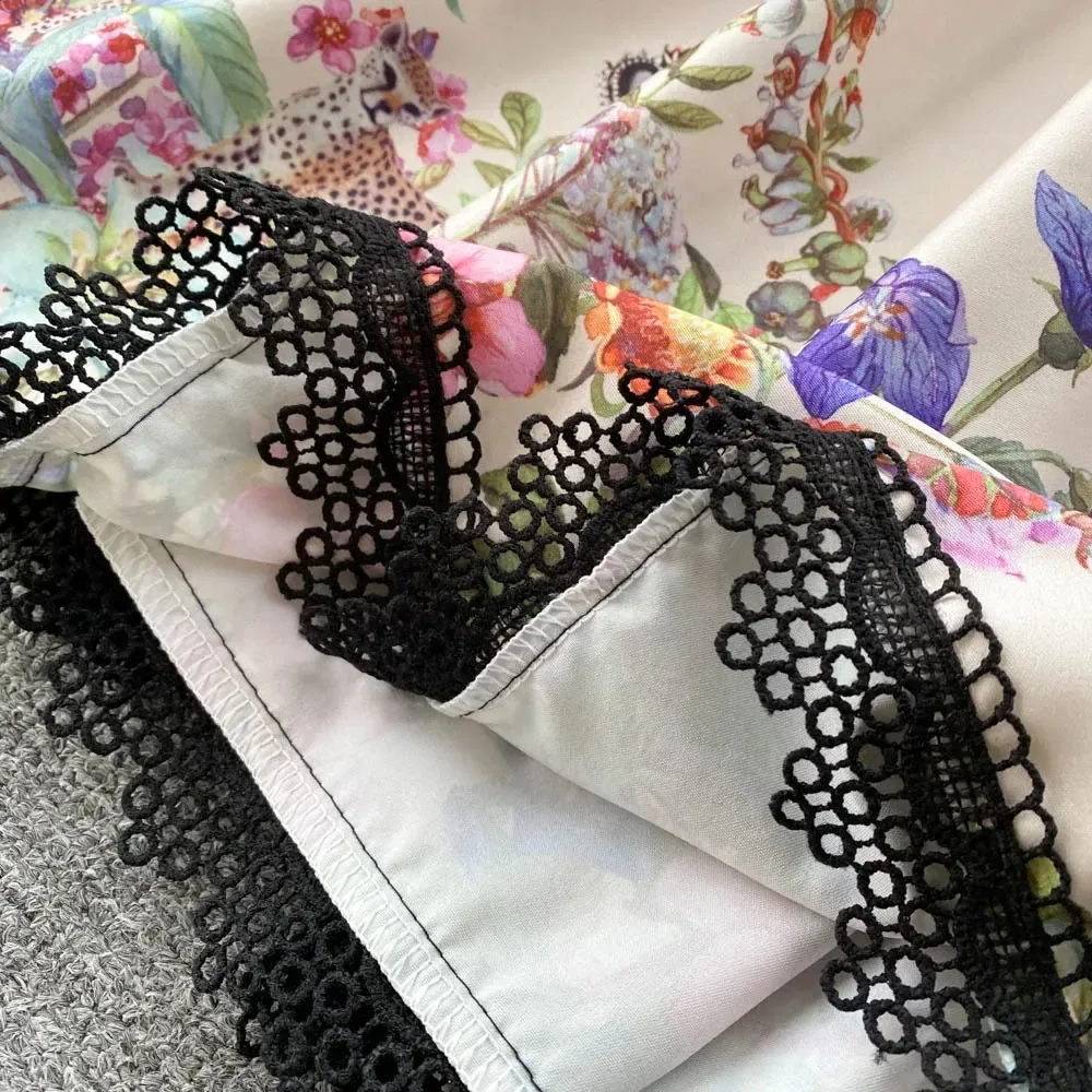 Elegant Long Sleeves Vintage Bow Neck Lace-up Chic Print Lace Spliced Slim Dresses Evening High Street Autumn Winter Clothing