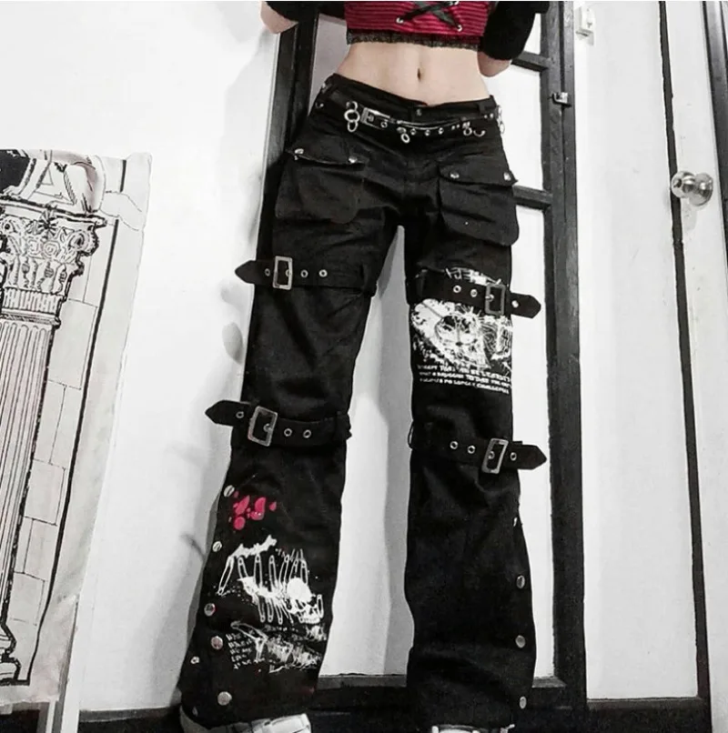 High Street Zipper Lace Jeans Women's Spring 2023 New High Waist Black Straight Loose Multi-pocket Denim Overalls Streetwear