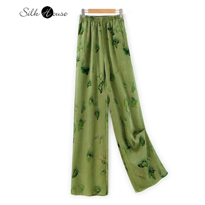

2026 Women's Spring Clothing 100% Natural Mulberry Silk Gambiered Guangdong Gauze Green Butterfly Printed Casual Straight Pants
