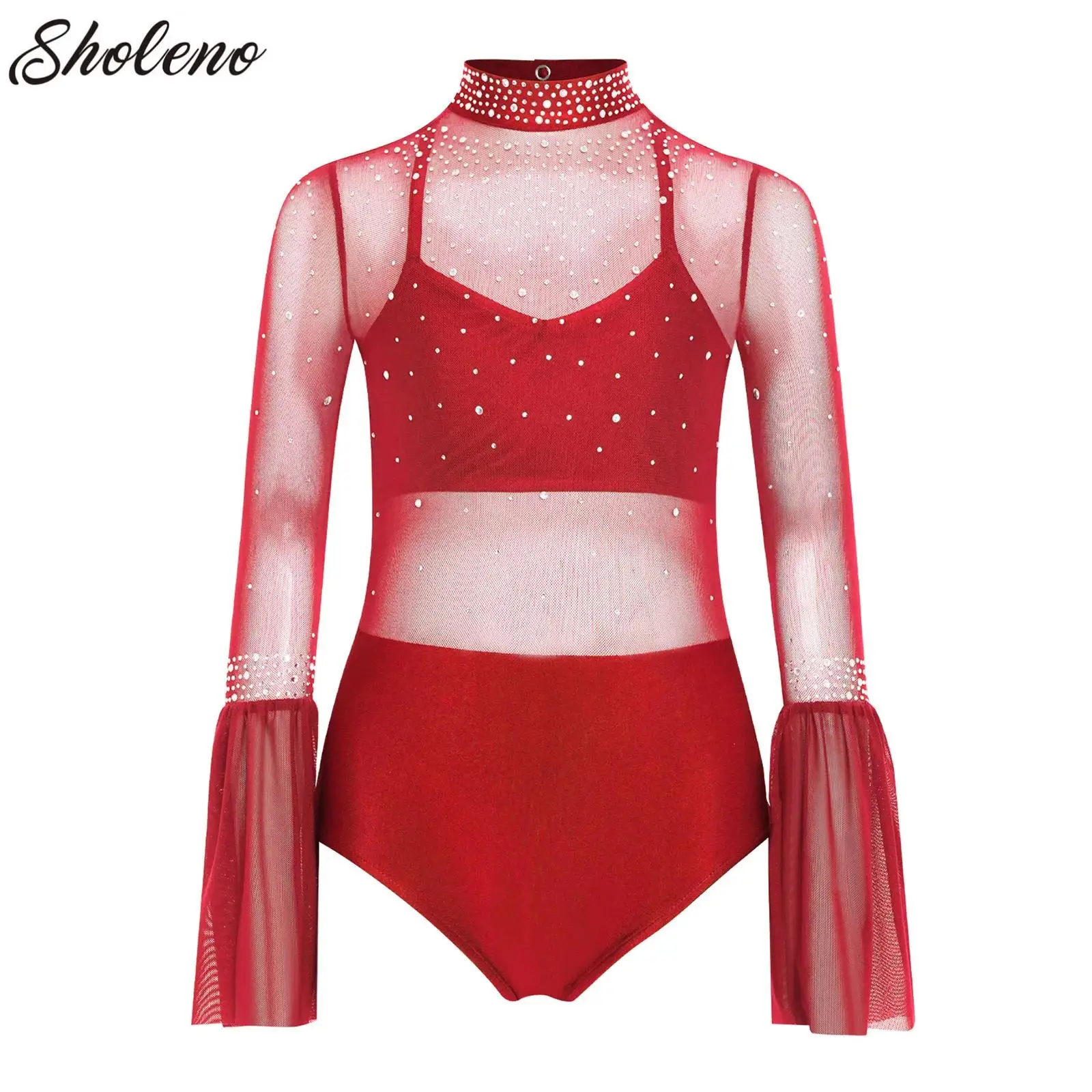 

Kids Girls Sparkly Rhinestone Figure Skating Bodysuit Leotard Sheer Mesh Splice Rhythmic Gymnastic Jersey Tops Performance Wear