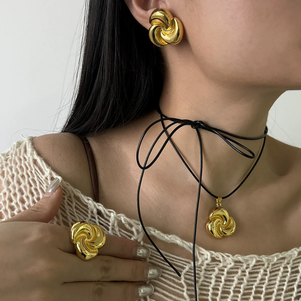 3 قطعة/المجموعة فاسق خمر الفضة سبائك الذهب معدن بو الجلود قلادة خواتم القرط مجموعة مجوهرات نسائية