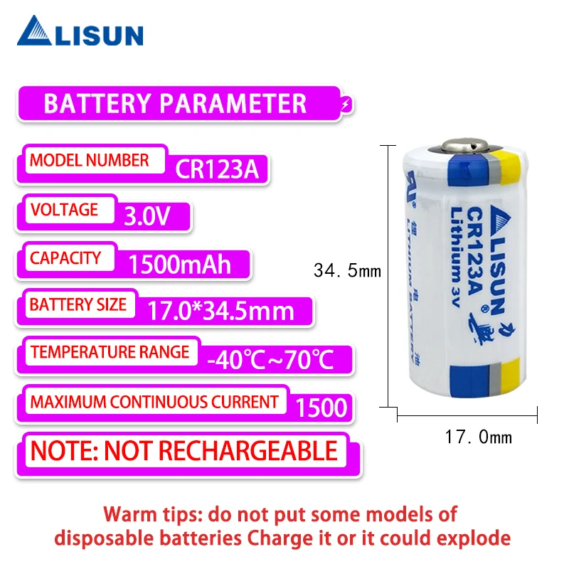 LISUN Bateria De Manganês De Lítio Descartável, 3V Medidor Inteligente De Água E Eletricidade, Alarme De Fumaça, Adicionar 51005 Plug, CR123A