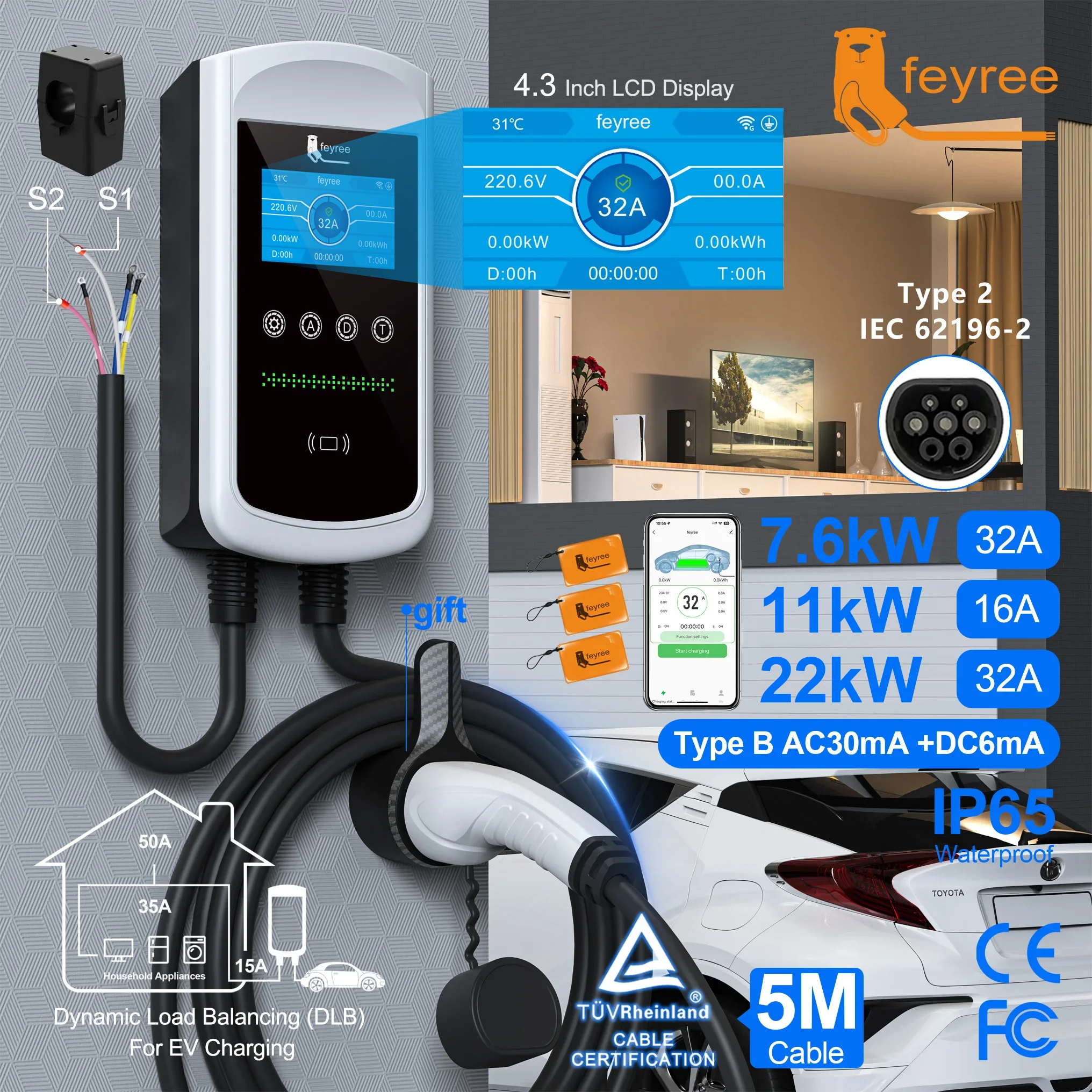 Cargador EV Feyree Tipo 2 de 7kW 32A 1P, 11kW 22kW 3P, Wallbox con Balanceo Dinámico de Carga (DLB) y Pantalla de 4.3 Pulgadas, Estación EVSE