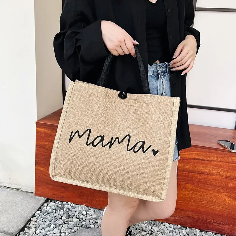 Women Large Capacity Tote Bag Shopping Shoulder Bag Mama Letter Printing Casual Fashion Linen Handbag Mother’s Day Gifts for Mom