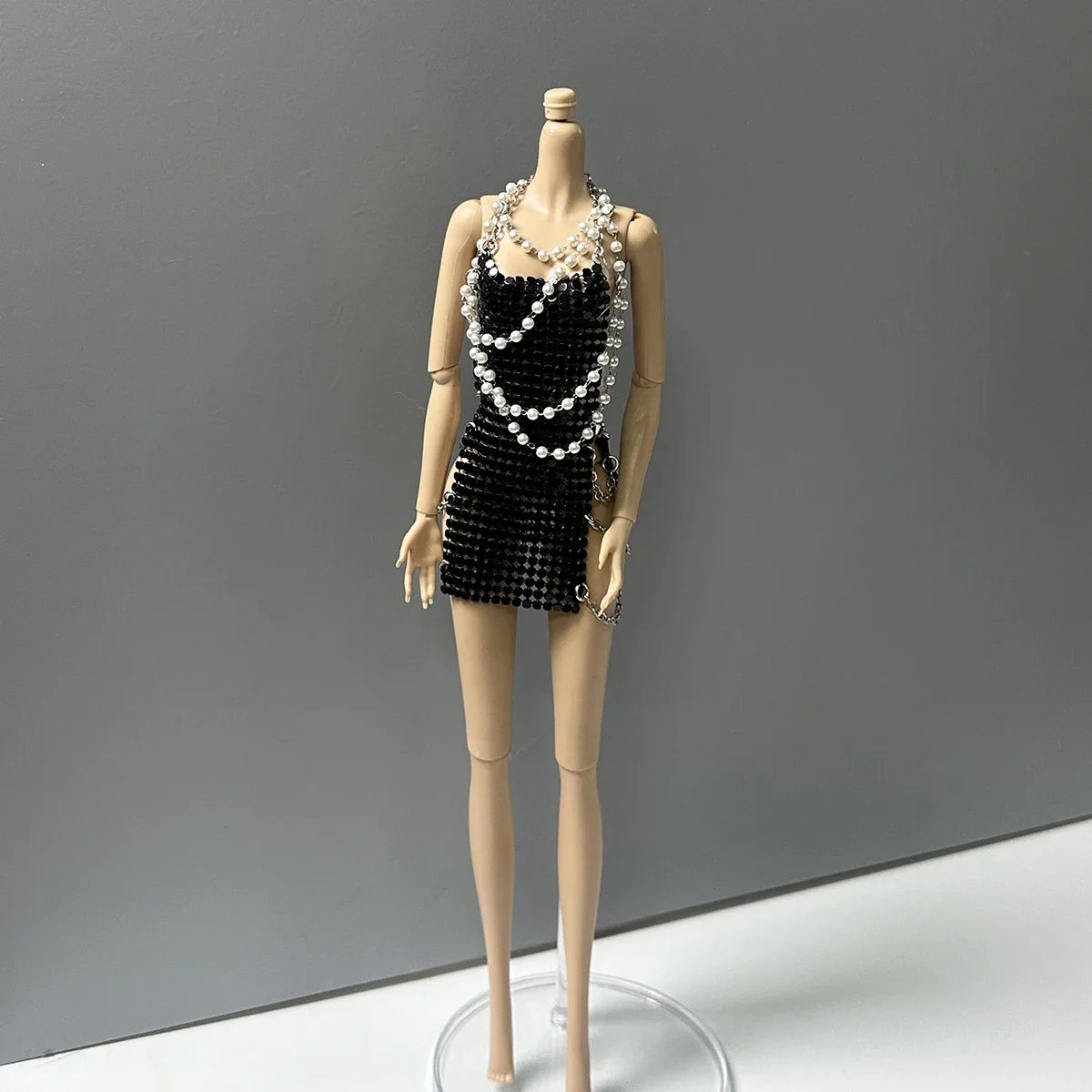 Luxury Metal Sequin Strapless Chain Slit Dress with Pearl Necklace Set Party Dress Clothes for 1/6 Babi FR Xianxian Doll
