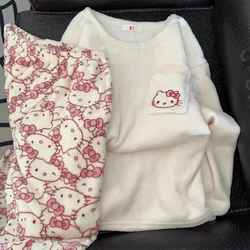 Sanrio Cartoon Hello Kitty Stuff Pajamas Female Flannel Winter The New Plus Velvet Thicken Sweet Keep Warm Tracksuit New 2024