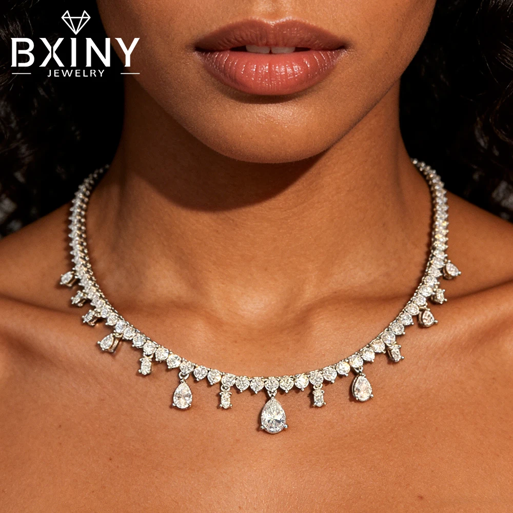 

BXINY Luxury Full Moissanite Tennis Necklace 100% S925 Silver for Women 3-Claw Pear Diamond Pendant NeckChain Fine Jewelry Gifts