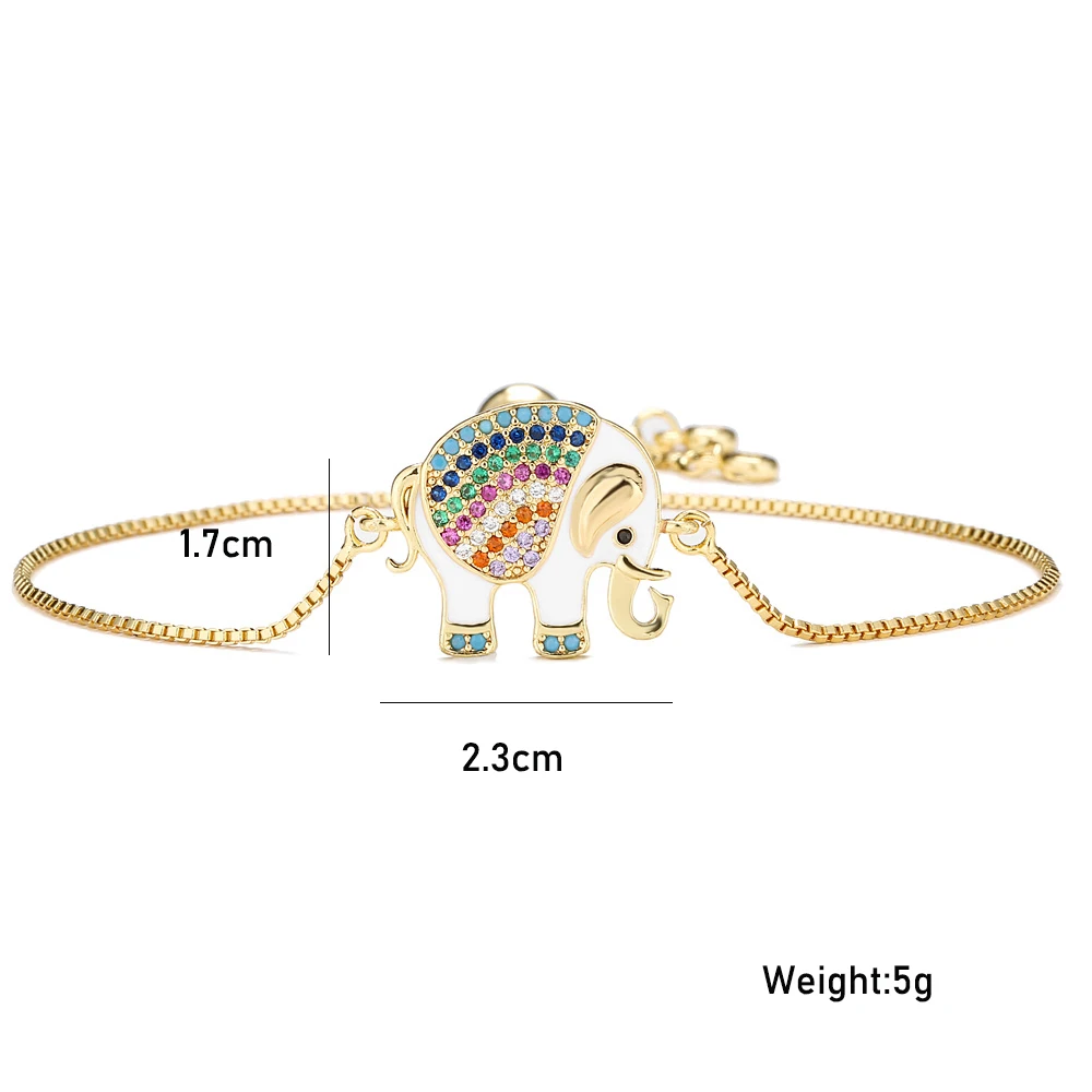 NEWBUY Hot Sale Colourful Cubic Zirconia Pave Setting Jewelry Gold Color Box Chain Elephant Charm Bracelets Adjustable For Women