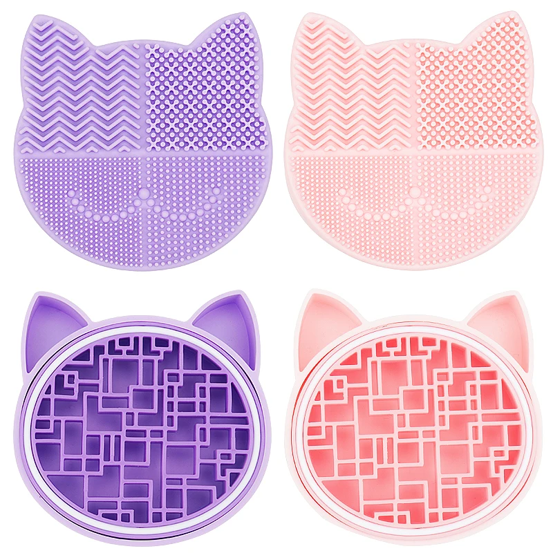 Cat Shape Silicone Makeup Brush Cleaner Mat With Brush Storage Holder 2 In 1 Portable Cosmetic Brush Washing Pad Organizer